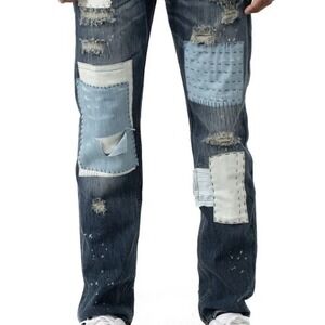 Publish Men's Relaxed Patchwork Jeans - Dark Blue and Light Blue